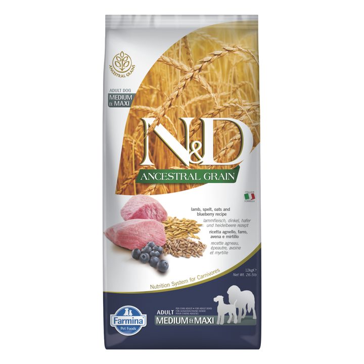Farmina N&D Ancestral Grain Lamb & Blueberry Adult medium & maxi — пакет 12 кг