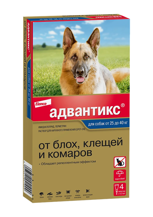 Адвантикс д/собак более 25 кг, 4 пип х 4,0 мл: справочная карточка, точная упаковка