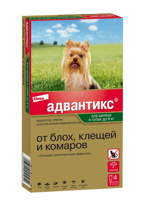 Адвантикс д/собак до 4 кг, 4 пип х 0,4 мл: справочная карточка, точная упаковка
