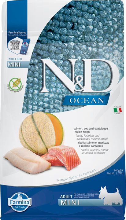 Farmina N&D Ocean Salmon, Cod & Cantalupe Melon Adult Mini — пакет 800 г