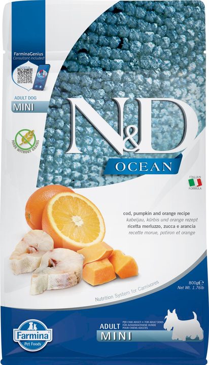 Farmina N&D Ocean Cod, Pumpkin & Orange Adult Mini — пакет 800 г
