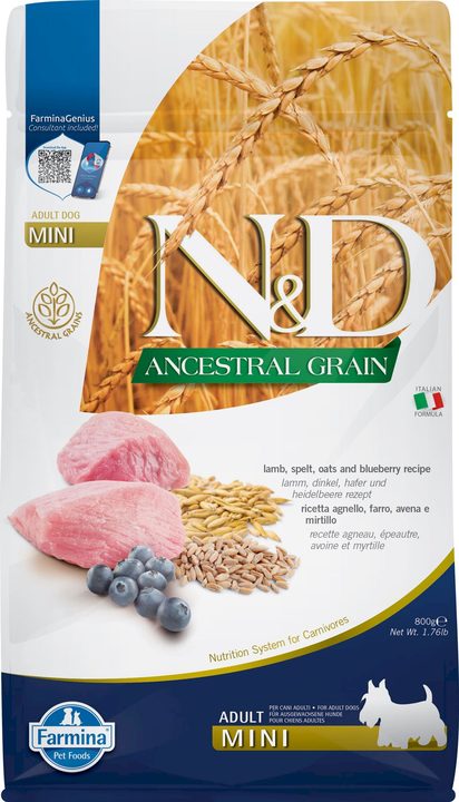 Farmina N&D Ancestral Grain Lamb & Blueberry Adult Mini — пакет 800 г