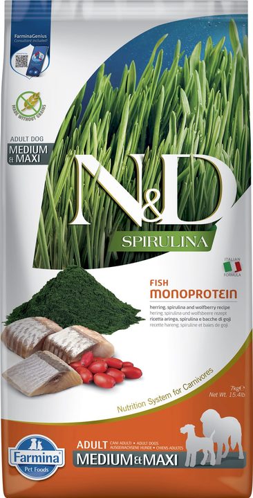 Farmina N&D Spirulina Herring, Spirulina and Wolfberry adult medium & maxi — пакет 7 кг