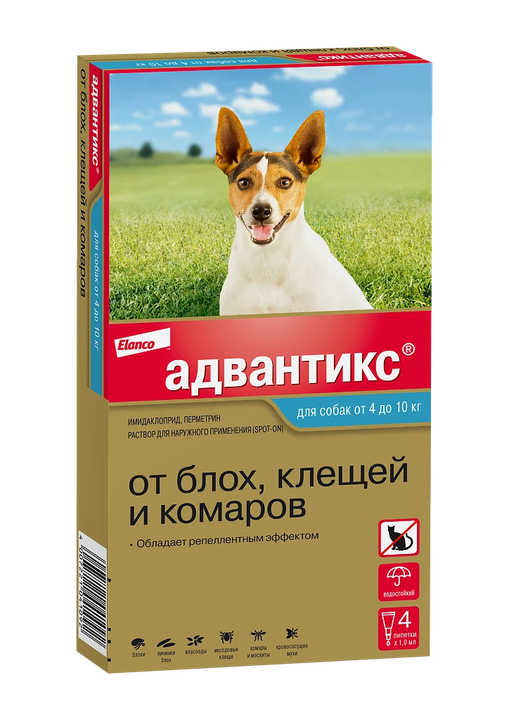 Адвантикс д/собак 4-10 кг, 4 пип х 1,0 мл: справочная карточка, точная упаковка