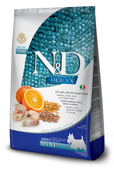 Farmina N&D Ocean Cod, Spelt, Oats & Orange Adult Mini — пакет 2,5 кг