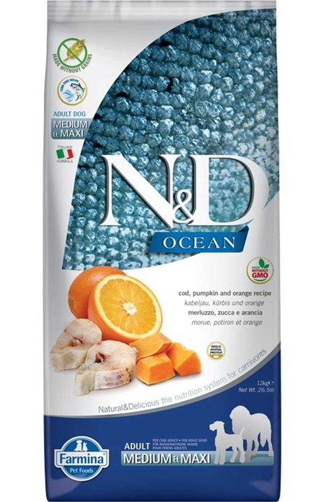 Farmina N&D Ocean Cod, Pumpkin & Orange Adult Medium & Maxi — пакет 12 кг