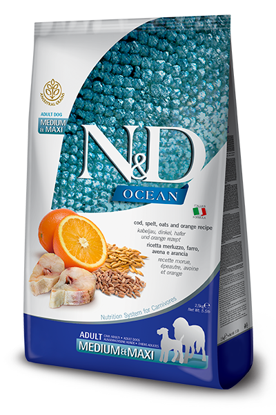 Farmina N&D Ocean Cod, Spelt, Oats & Orange Adult Medium & Maxi — пакет 2,5 кг