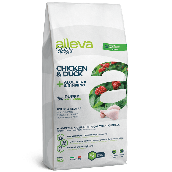 Alleva Holistic Chicken & Duck + Aloe Vera & Ginseng Puppy Medium — пакет 12 кг