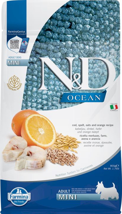 Farmina N&D Ocean Cod, Spelt, Oats & Orange Adult Mini — пакет 800 г