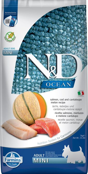 Farmina N&D Ocean Salmon, Cod & Cantalupe Melon Adult Mini — пакет 7 кг